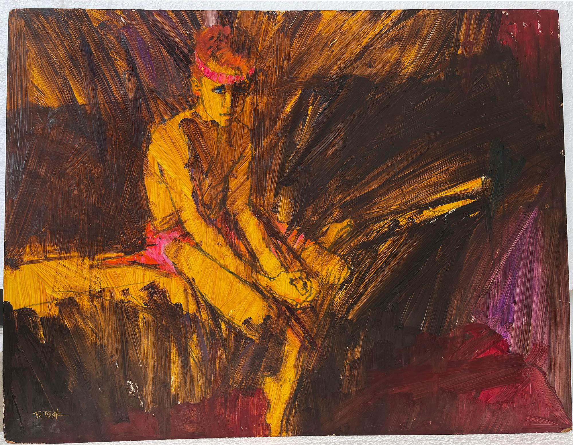 Figuration and abstraction meet in this energized quick portrait of an athletic boy with headband and resting on a bench, Most likely done for a magazine like Sports Illustrated - Signed lower left. Unframed. Color will vary from monitor to monitor.