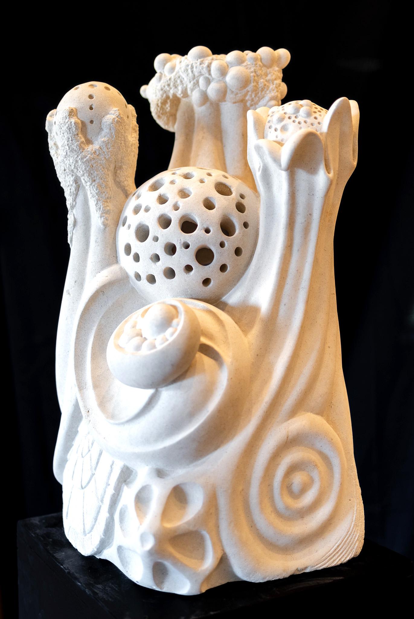 "Aria" Psychedelic Carved Stone Sculpture White Abstract Sphere Waves Bubbles