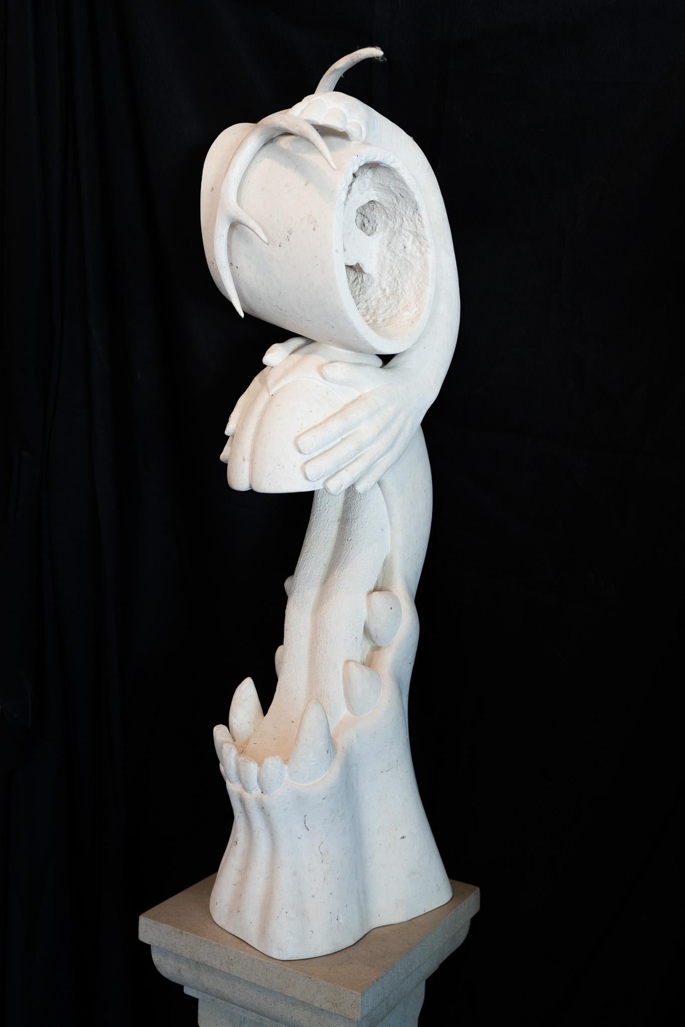 Bob Ragan Figurative Sculpture - "Boogie Woogie Got a Horse Bit" Fantastical Psychedelic Sculpture White Stone