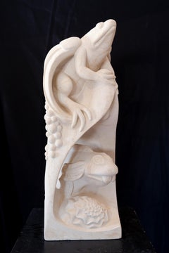 "Donkey Fish" Fantastical Psychedelic Sculpture White Stone Carving Frog Water