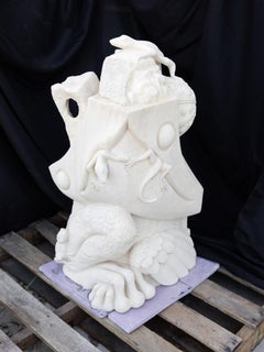 "Frog Bird" Fantastical Psychedelic Sculpture White Limestone Stone Carving