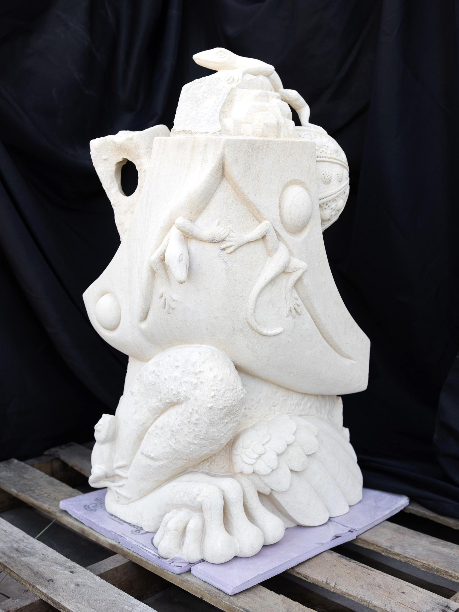 Bob Ragan Figurative Sculpture - "Frog Bird" Fantastical Psychedelic Sculpture White Limestone Stone Carving