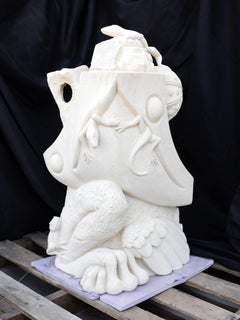"Frog Bird" Fantastical Psychedelic Sculpture White Limestone Stone Carving