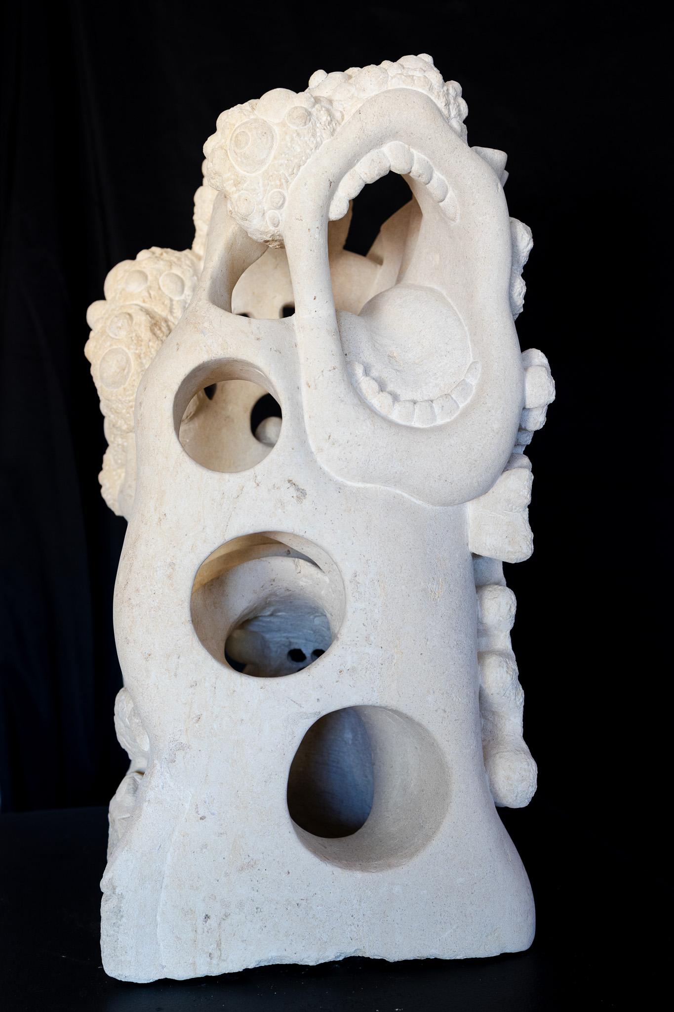 Bob Ragan Figurative Sculpture - "Night at the Opera" Psychedelic Sculpture White Carves Stone Mouth Singing Fun