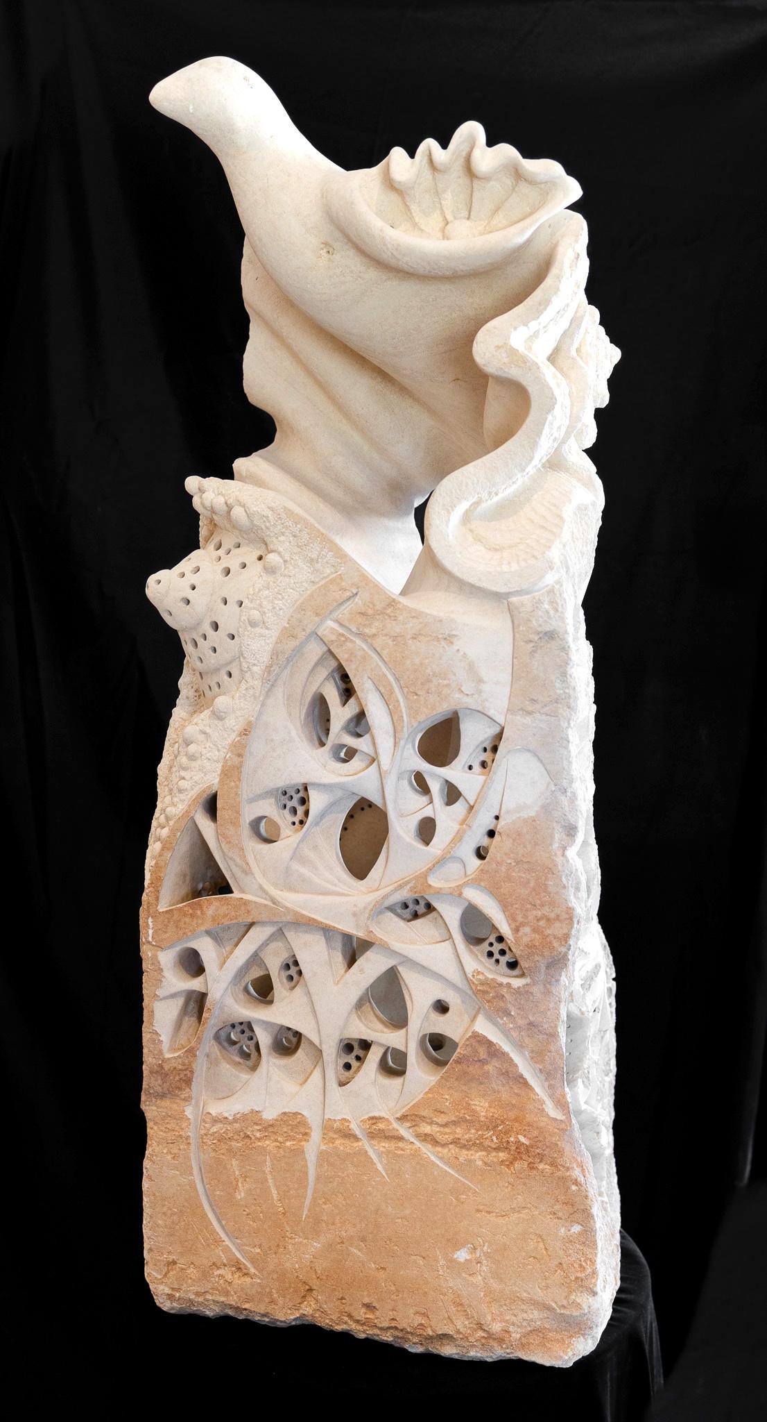 Bob Ragan Figurative Sculpture - "Sea Candy" Fantastical Psychedelic Sculpture White Limestone Stone Carving