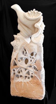 "Sea Candy" Fantastical Psychedelic Sculpture White Limestone Stone Carving
