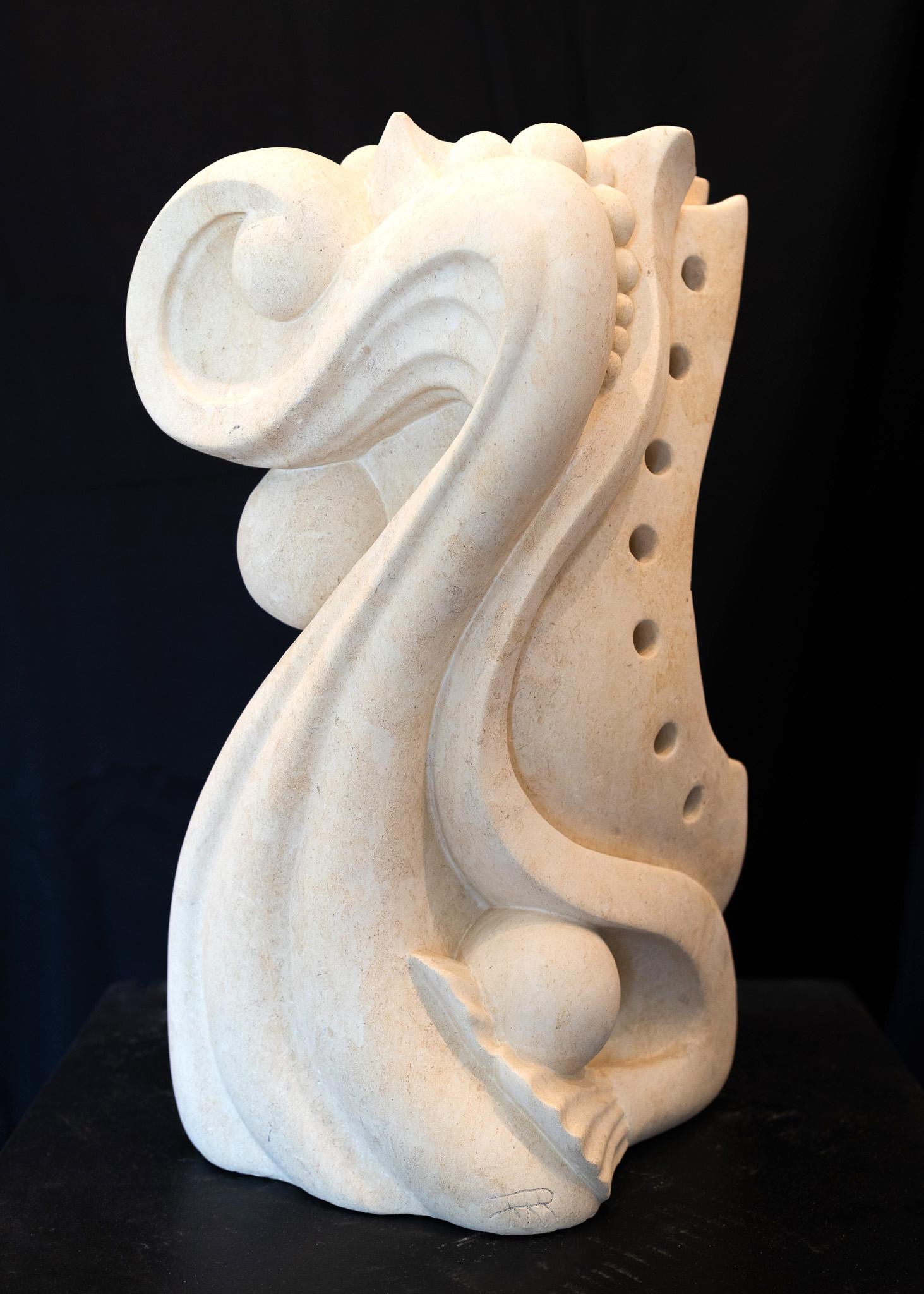 Bob Ragan Abstract Sculpture - "Seven Sisters" Fantastical Psychedelic Sculpture White Limestone Stone Carving