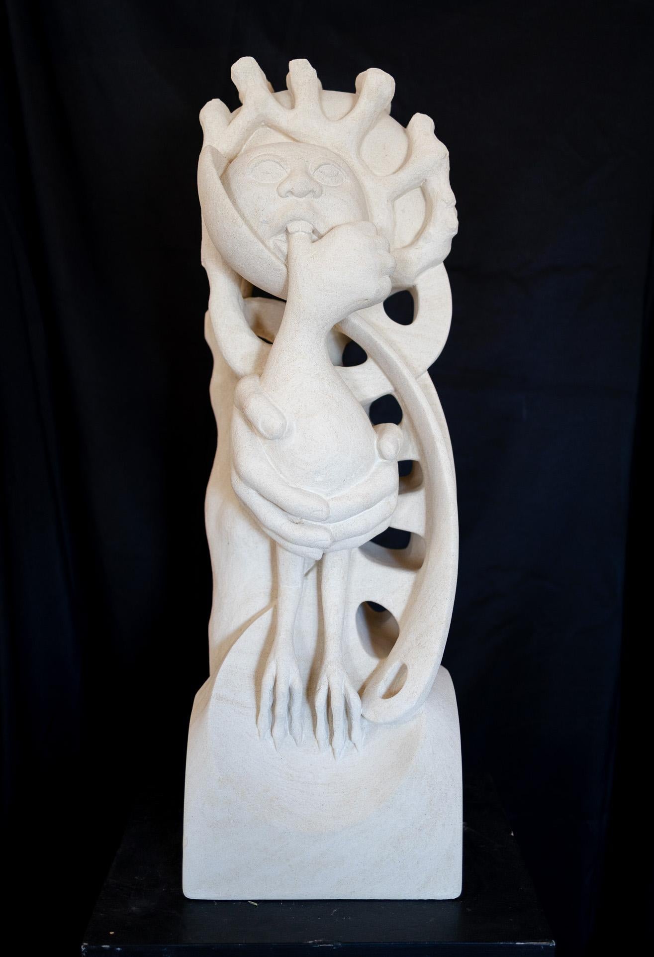 Bob Ragan Figurative Sculpture - "Thumb Sucker" Psychedelic Fantasy Sculpture in White Carved Stone 