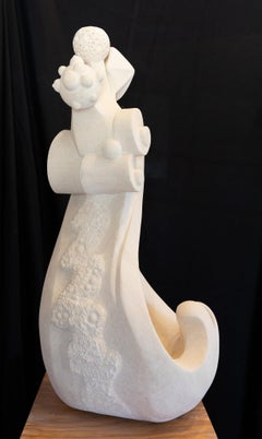 "Water Wheel" Fantastical Psychedelic Sculpture White Limestone Stone Carving