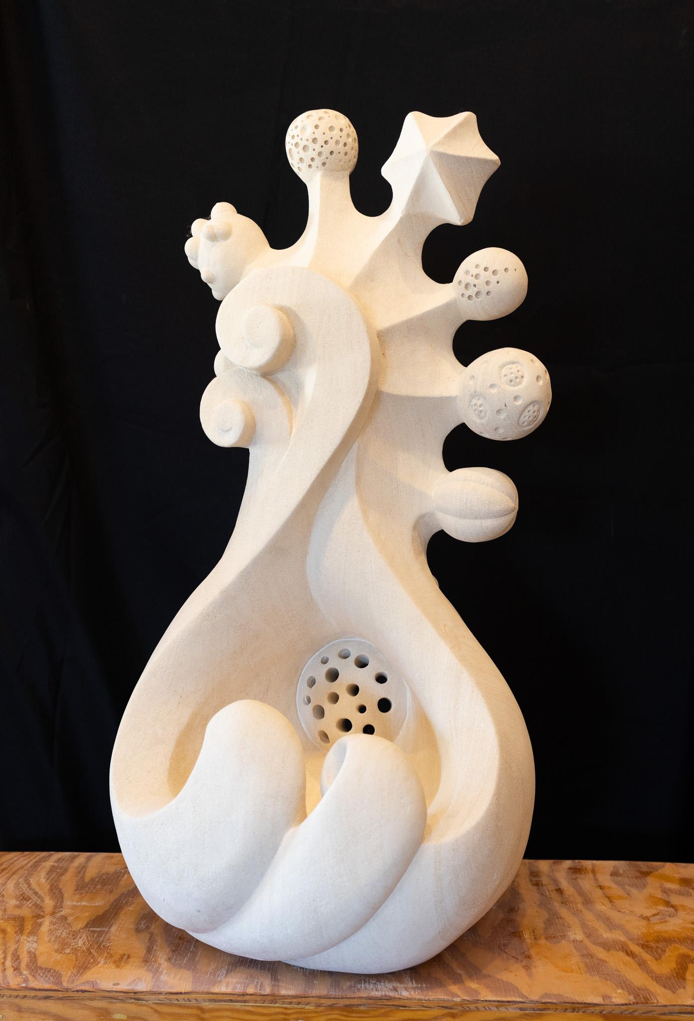 Bob Ragan Figurative Sculpture - "Water Wheel" Fantastical Psychedelic Sculpture White Limestone Stone Carving