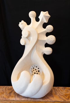 "Water Wheel" Fantastical Psychedelic Sculpture White Limestone Stone Carving