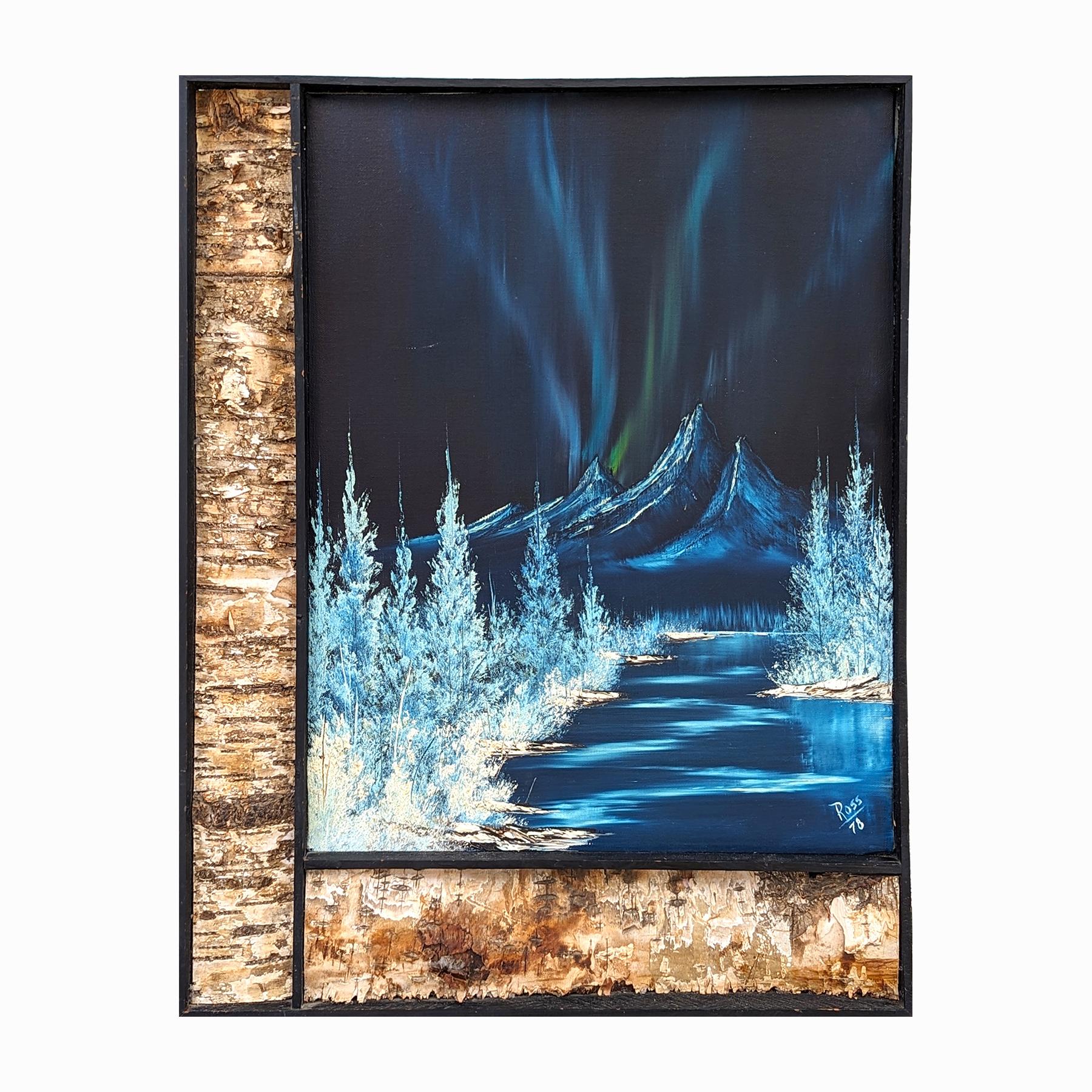 Quadro naturalistico blu dell'Alaska, paesaggio montano innevato con aurora boreale - Painting di Bob Ross