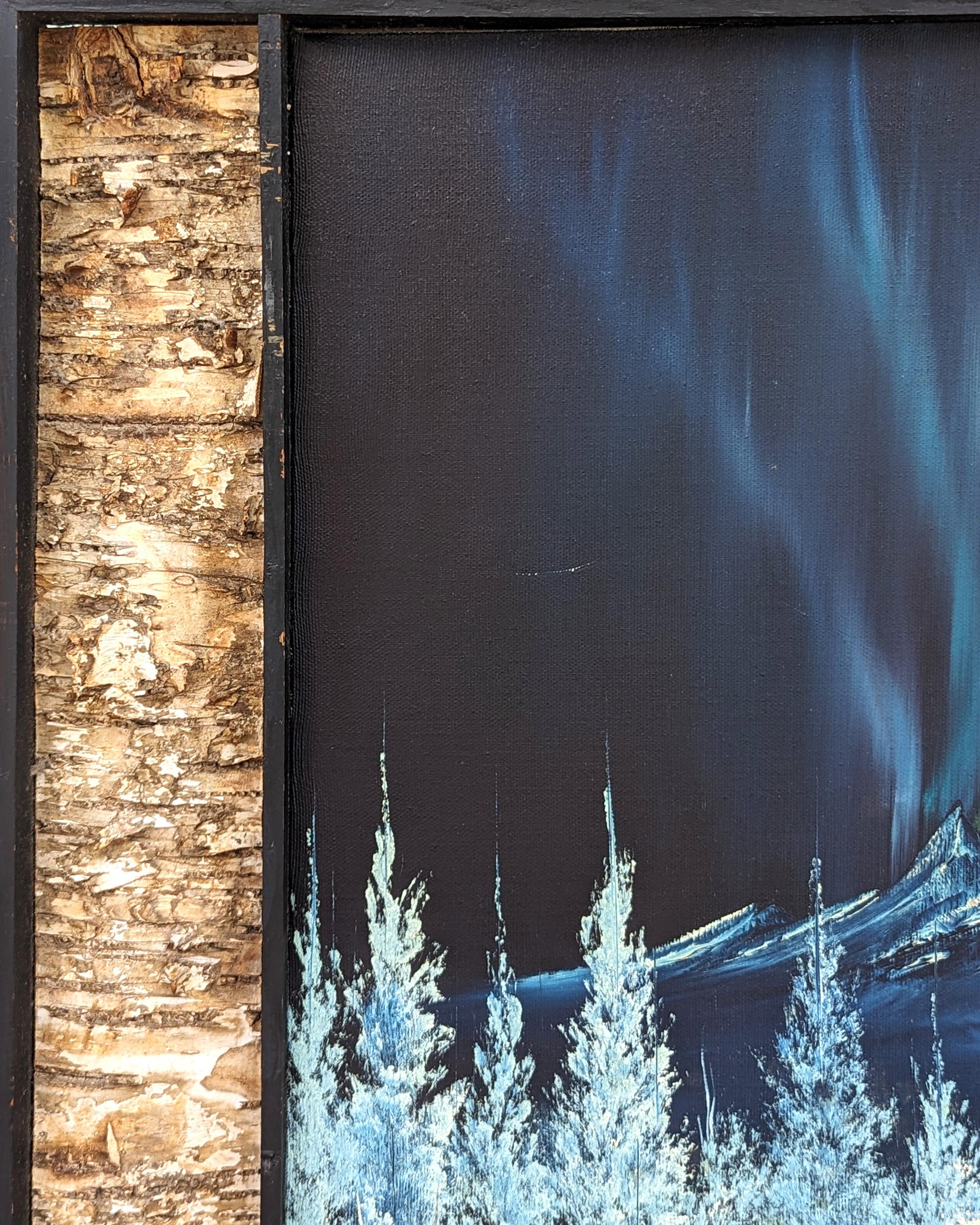 Quadro naturalistico blu dell'Alaska, paesaggio montano innevato con aurora boreale - Painting Naturalismo di Bob Ross