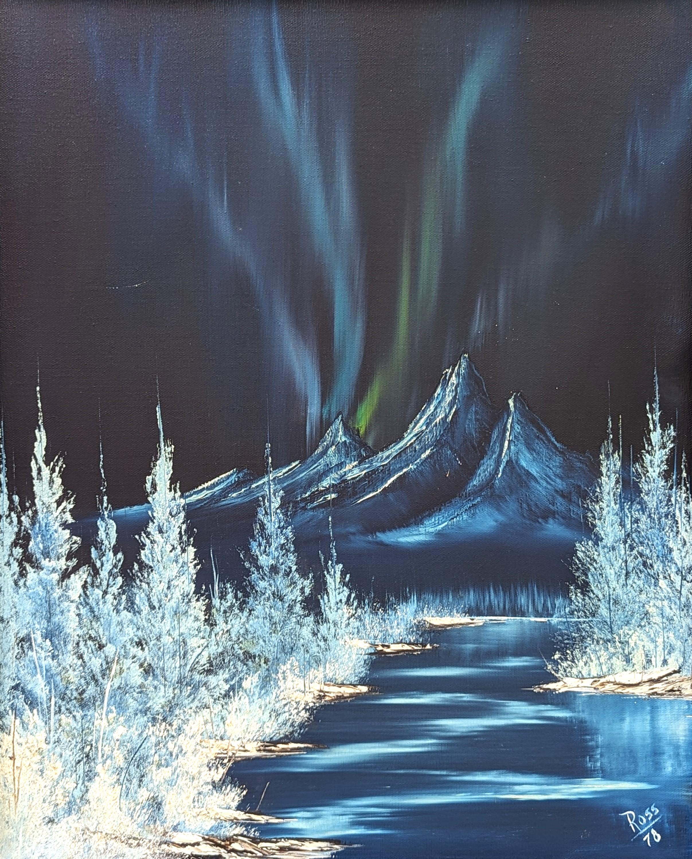 Quadro naturalistico blu dell'Alaska, paesaggio montano innevato con aurora boreale 2