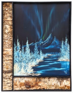 Quadro naturalistico blu dell'Alaska, paesaggio montano innevato con aurora boreale