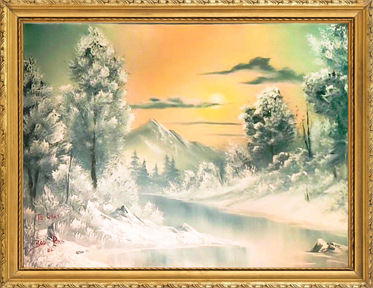 Artist: Bob Ross
Title: Untitled, Similar to "Snowfall" from season 1, episode 12 of "The Joy of Painting"
Dimensions: 18" x 24"
Medium: Original Oil on Canvas Painting
Year: 1983
Inscription: Signed and dated "Ross 83" in red, lower left front with
