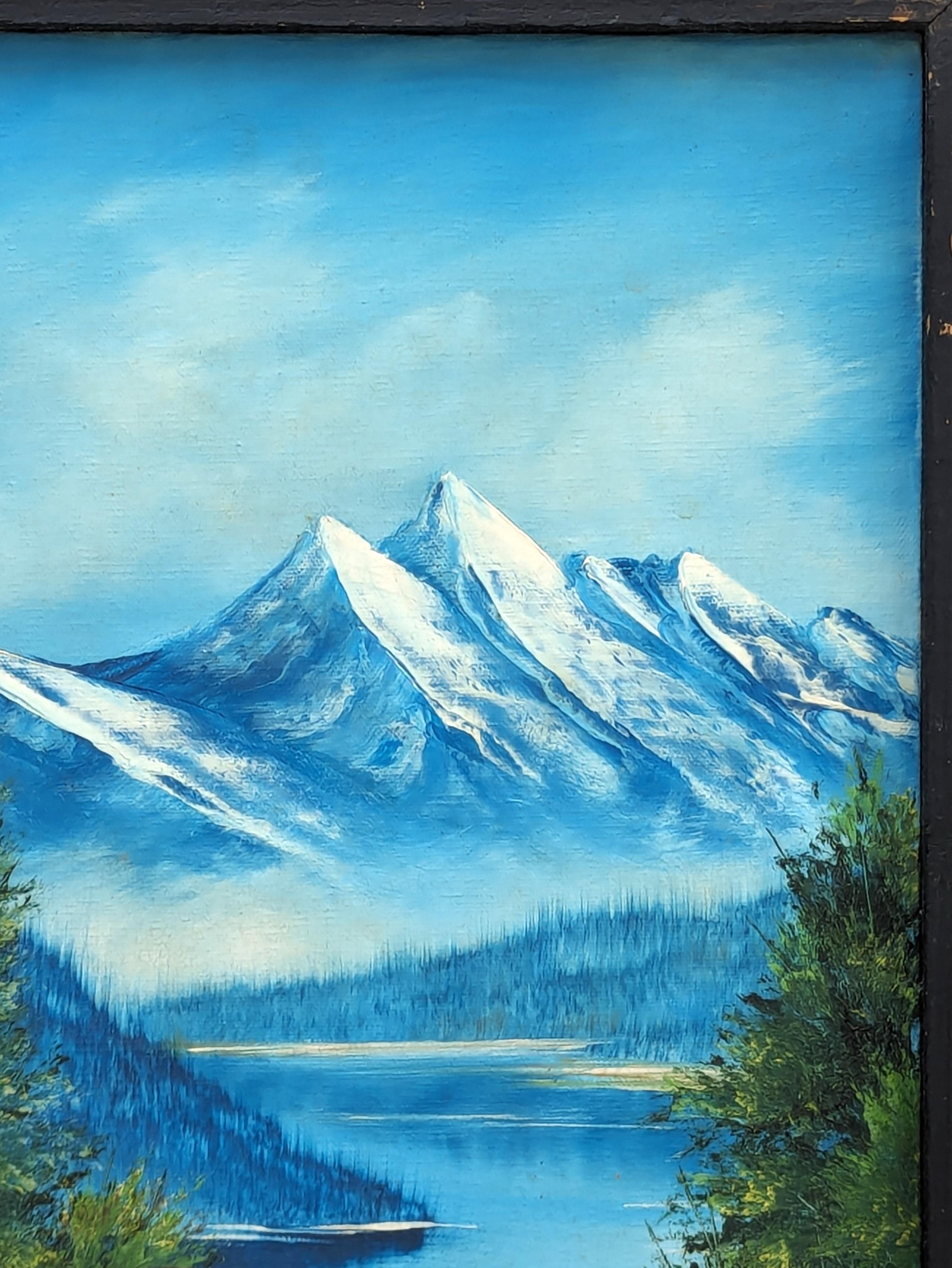 Naturalistic Blue & Green Alaskan Mountain Landscape Oil Painting with Trees - Gray Landscape Painting by Bob Ross