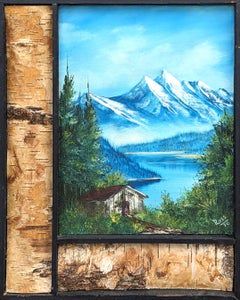 Naturalistic Blue & Green Alaskan Mountain Landscape Oil Painting with Trees