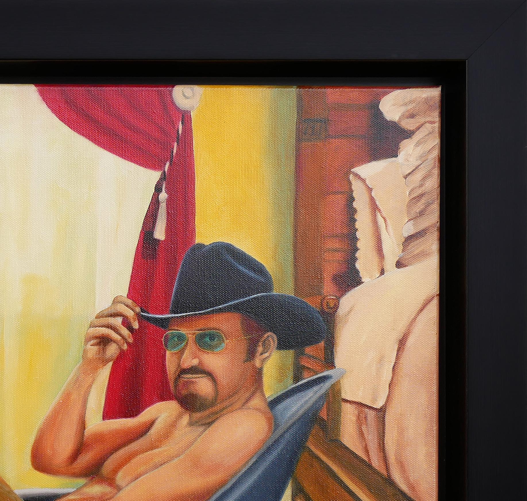 Peinture figurative abstraite aux tons chauds de l'artiste texan Bob Shepherd. Le tableau représente un homme barbu dans une petite baignoire en fer blanc. L'homme porte des lunettes de soleil, un chapeau de cow-boy noir et une paire de bottes de