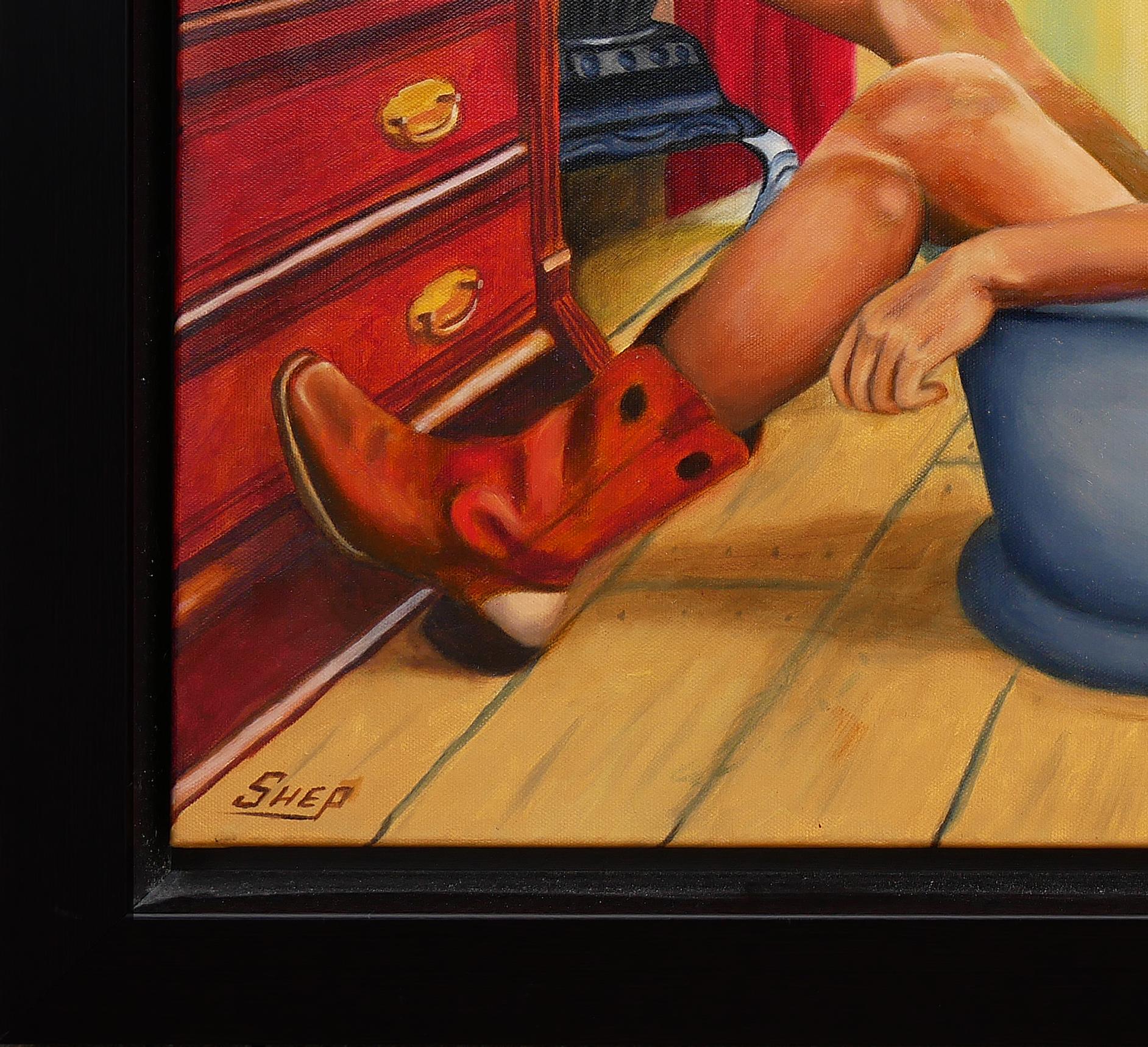 Peinture figurative abstraite aux tons chauds de l'artiste texan Bob Shepherd. Le tableau représente un homme barbu dans une petite baignoire en fer blanc. L'homme porte des lunettes de soleil, un chapeau de cow-boy noir et une paire de bottes de