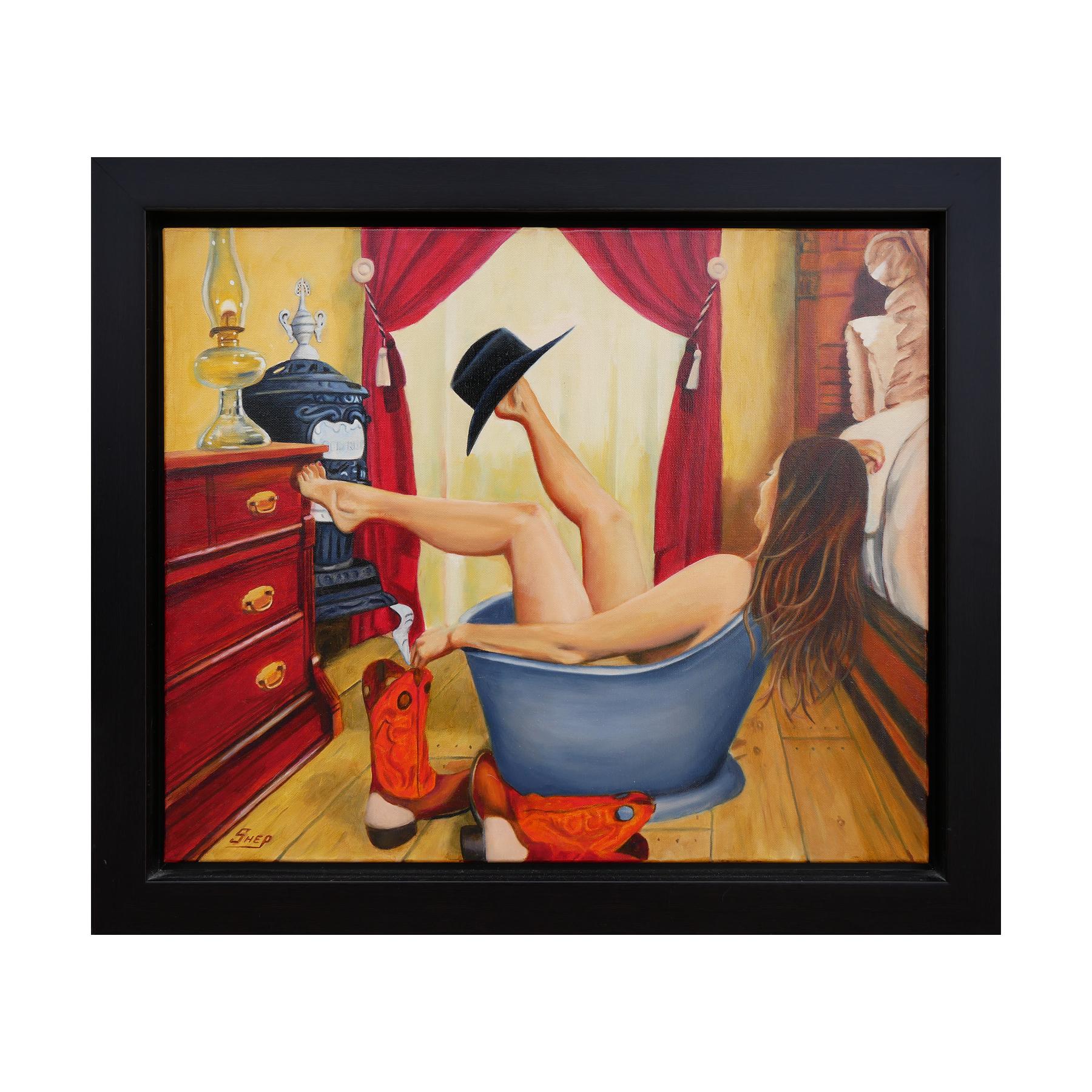 „Leave Your Hat On“ warm getöntes abstraktes, figuratives weibliches Gemälde – Painting von Bob Shepherd