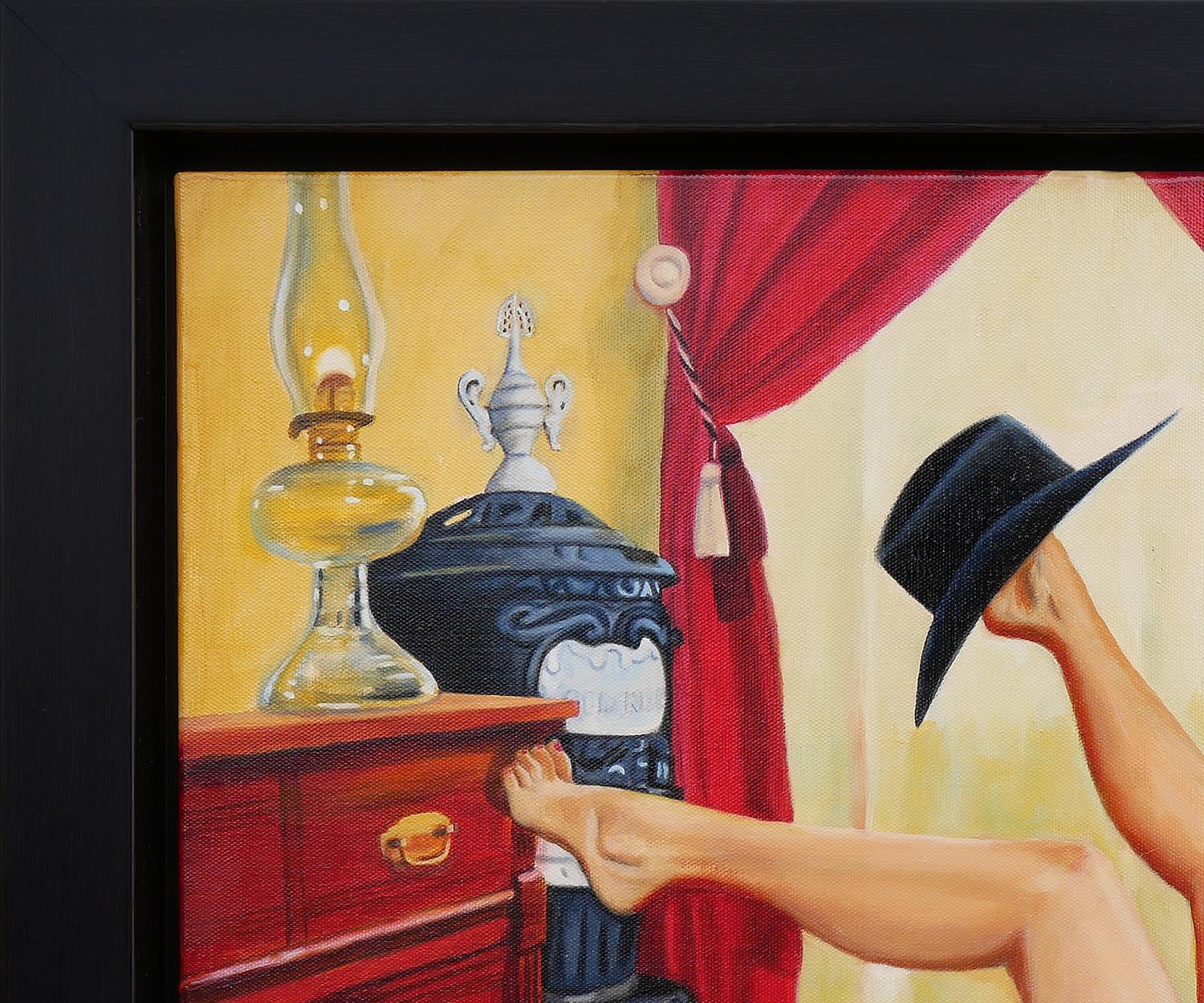 Warm-toned abstract contemporary figurative painting by Texas artist Bob Shepherd. The painting depicts a woman with a black cowboy hat balanced on her foot. The woman is in a small tin tub situated inside a bedroom. Signed by the artist at the