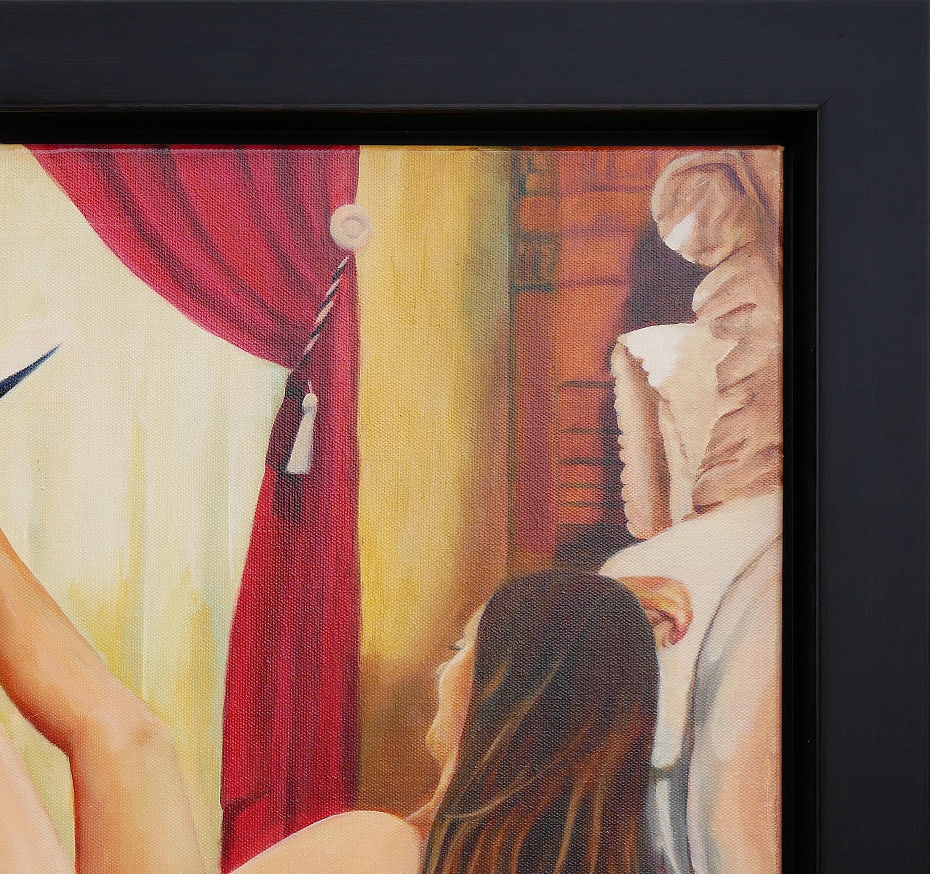 Peinture figurative abstraite contemporaine aux tons chauds de l'artiste texan Bob Shepherd. La peinture représente une femme avec un chapeau de cow-boy noir en équilibre sur son pied. La femme est dans une petite baignoire en fer blanc située dans