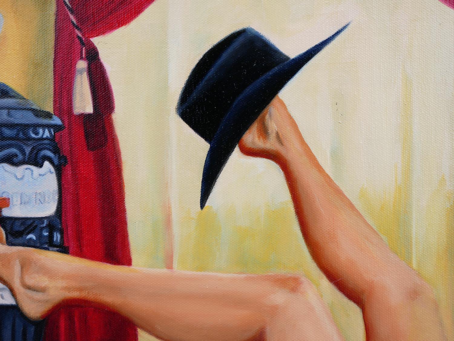 „Leave Your Hat On“ warm getöntes abstraktes, figuratives weibliches Gemälde im Angebot 5