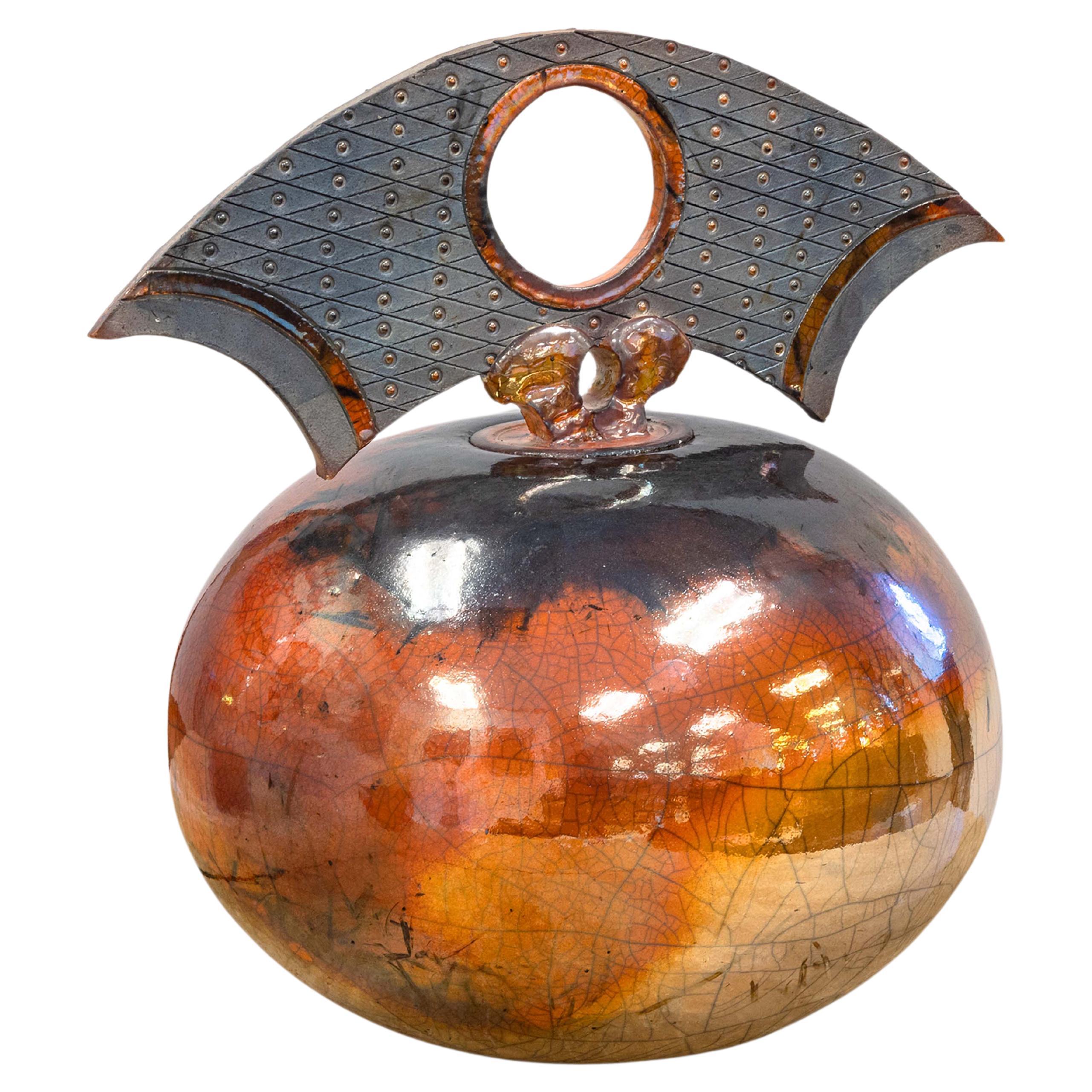 Bob Smith Signed Postmodern Raku Fine Art Glazed Pottery Lidded Vessel 2000s