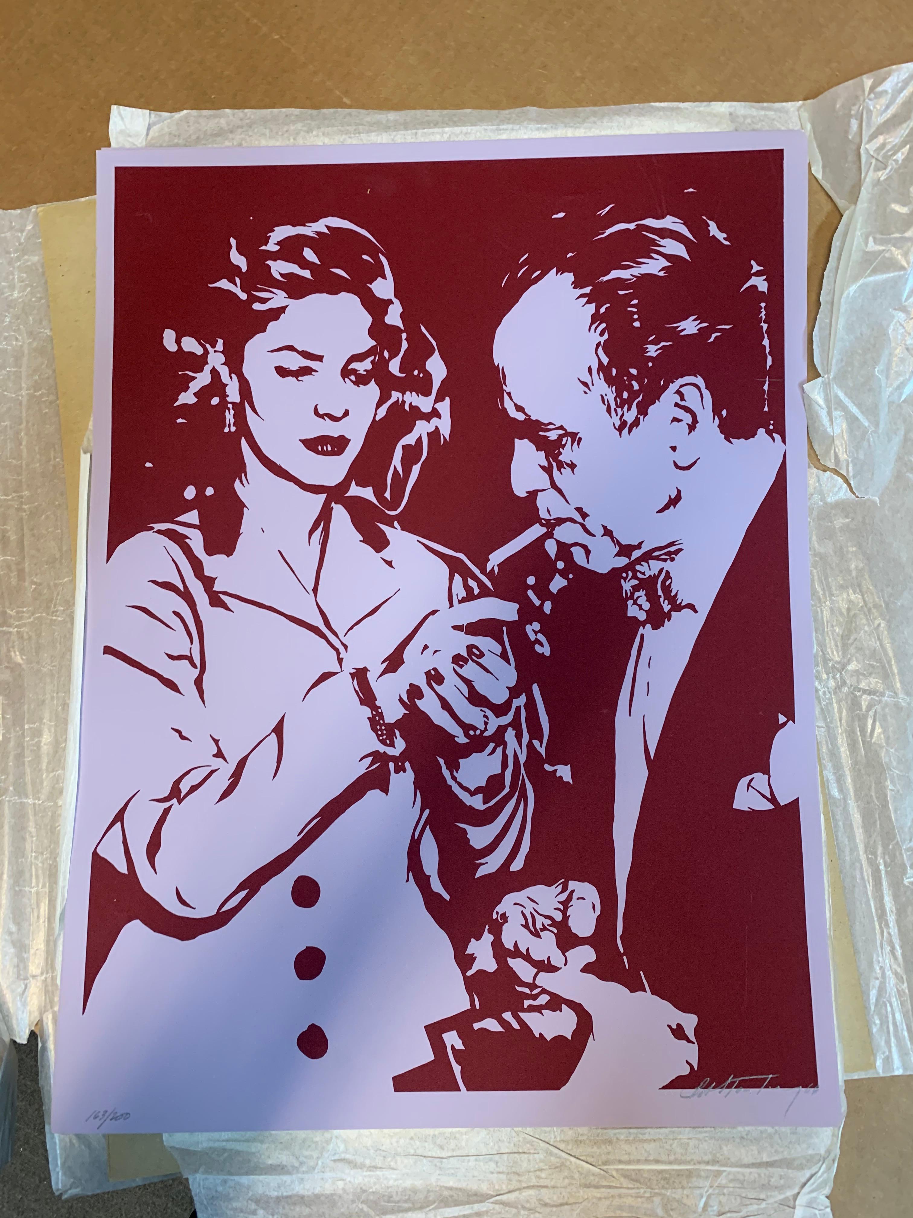 Bob Stanley
Lauren Bacall allume la cigarette de Humphrey Bogart, 1966
Sérigraphie couleur sur papier avec marges complètes
22 1/2 × 17 pouces
Edition de 200
Signé et daté à la main en bas à droite sur le devant ; numéroté en bas à gauche sur le