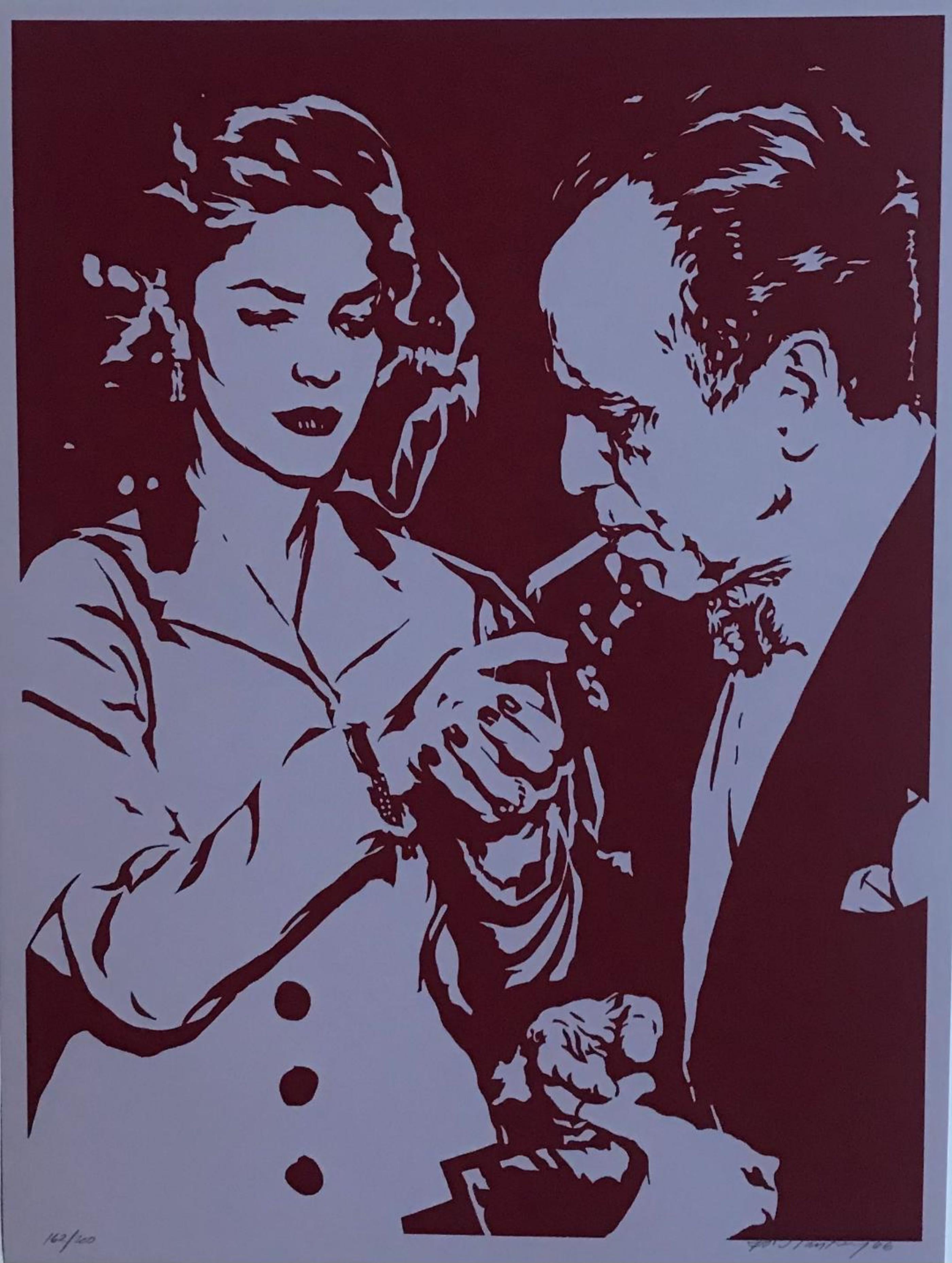 Lauren Bacall enciende el cigarrillo de Humphrey Bogart icónica serigrafía Pop Art de 1966 - Print de Bob Stanley
