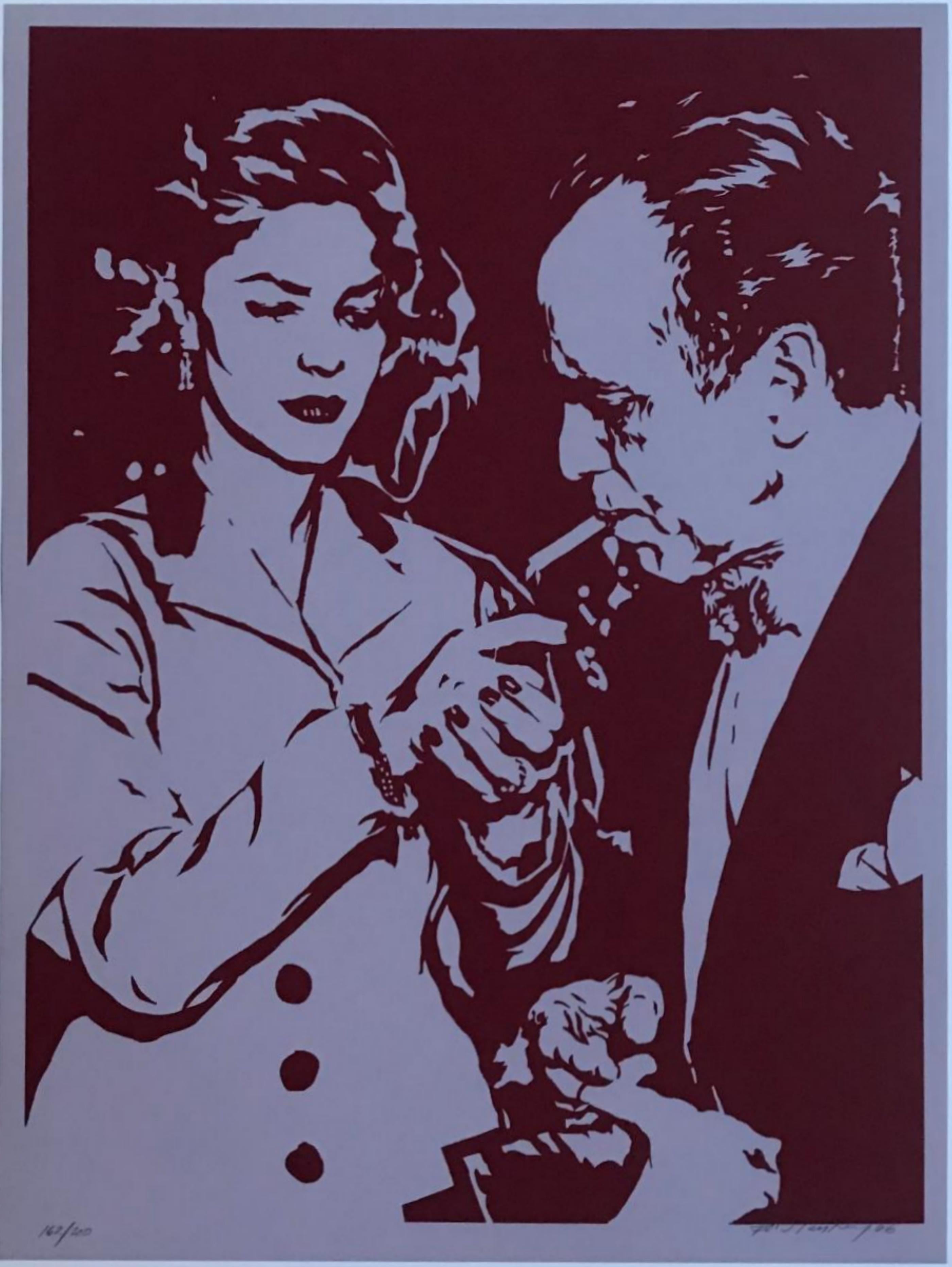 Bob Stanley
Lauren Bacall Lights Humphrey Bogart
s Cigarette, 1966
Color Silkscreen on paper with full margins (S/N)
22 1/2 × 17 inches
Hand signed and dated on the lower right front; numbered lower left front from the edition of 200
Certificate of