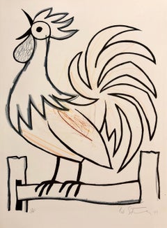 Vintage Mod Rooster Drawing 1970s Pop Art Lithograph Hand Signed