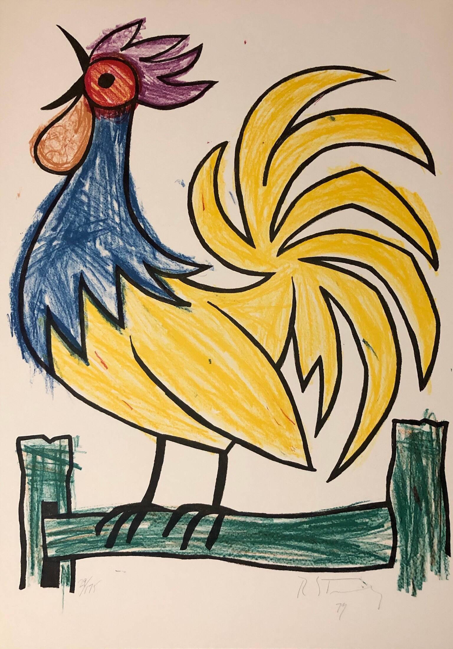 Mod Rooster Drawing 1970s Pop Art Lithograph Hand Signed