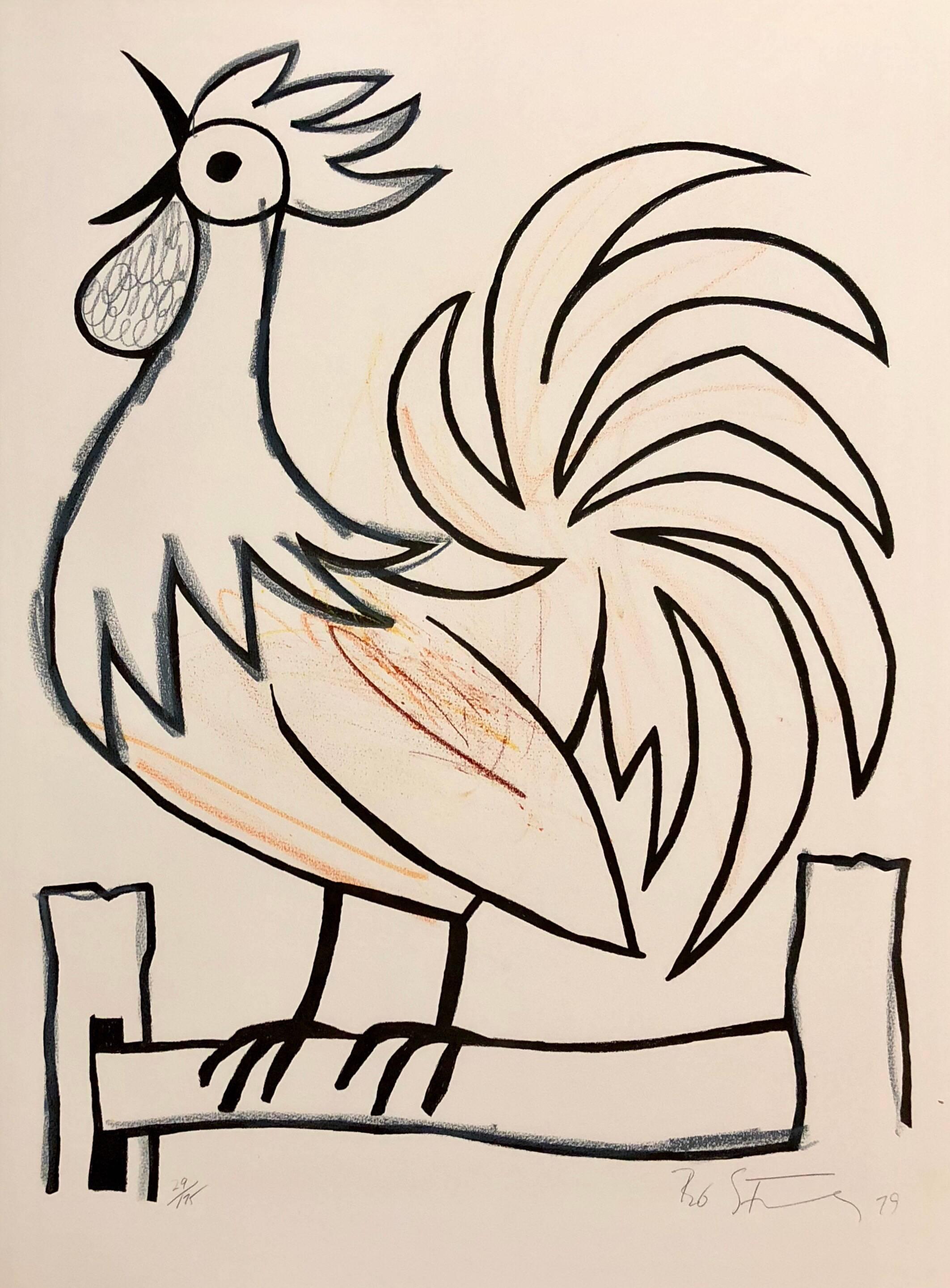Mod Rooster Drawing 1970s Pop Art Lithograph Hand Signed
