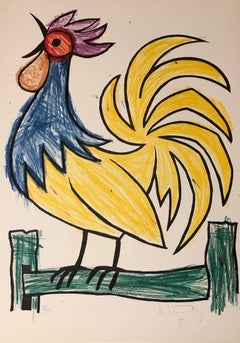 Vintage Mod Rooster Drawing 1970s Pop Art Lithograph Hand Signed