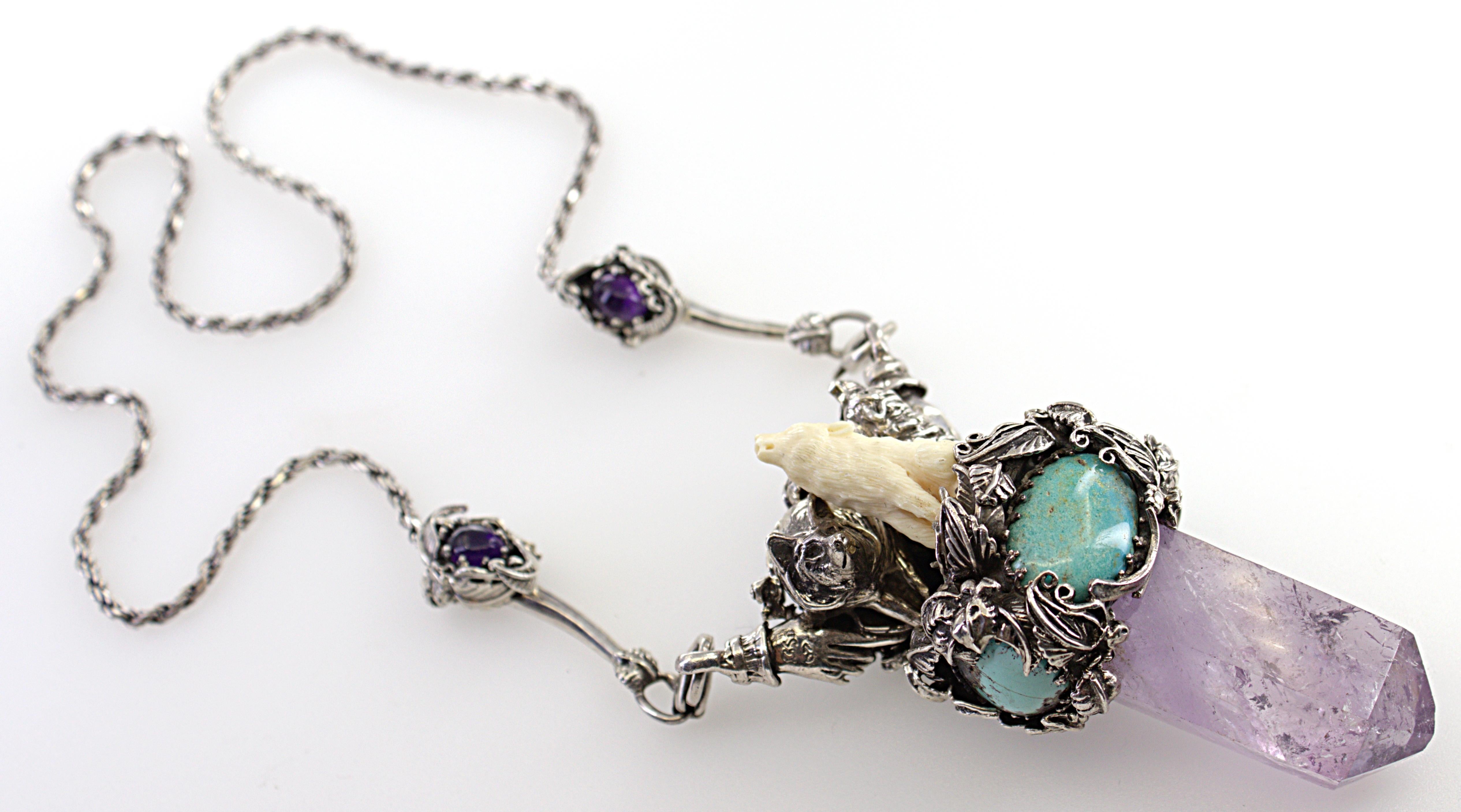 Artisan Bob Stringer Amethyst, Turquoise, Sterling Silver, Silver Reversable Necklace For Sale