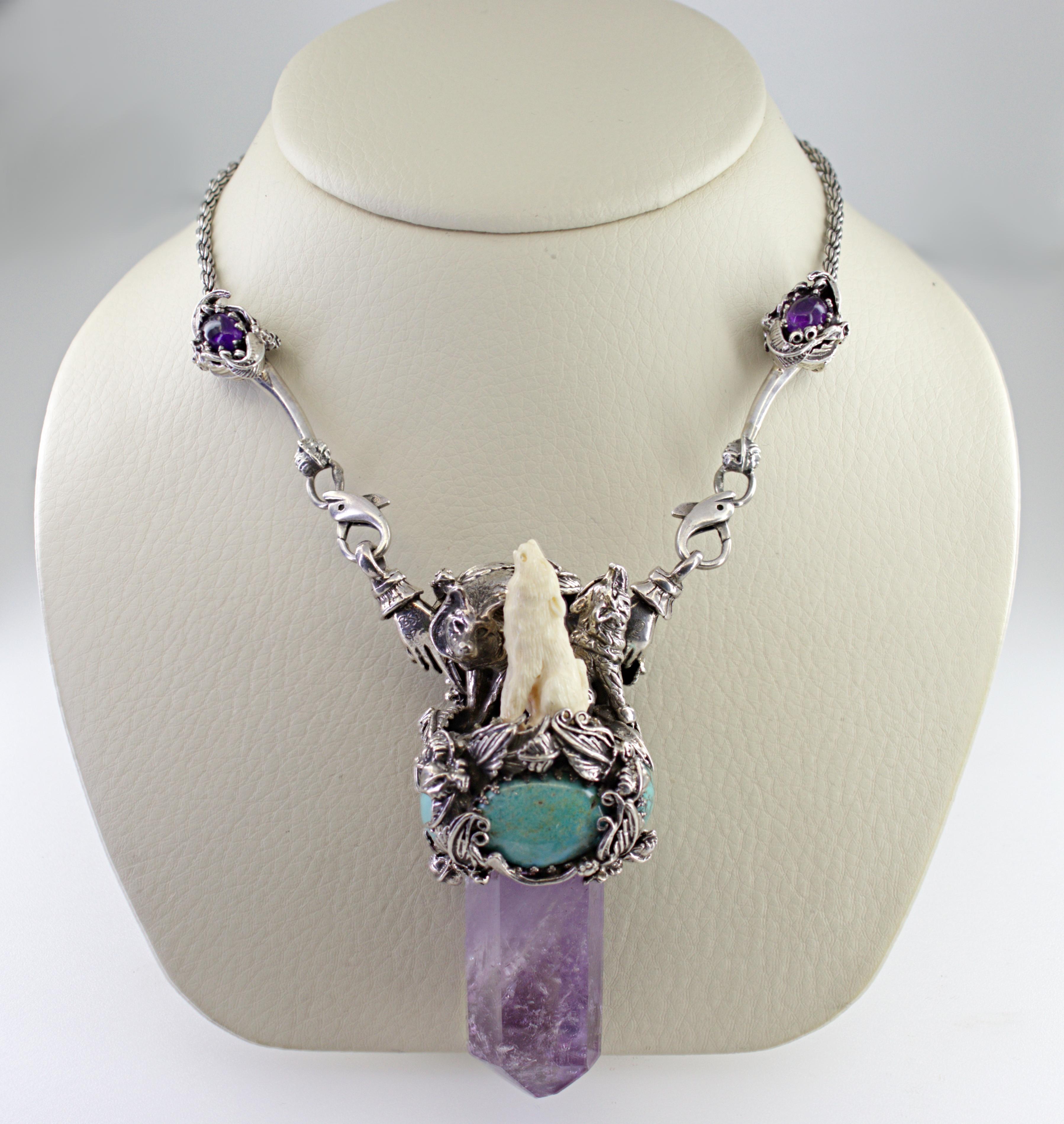 Mixed Cut Bob Stringer Amethyst, Turquoise, Sterling Silver, Silver Reversable Necklace For Sale