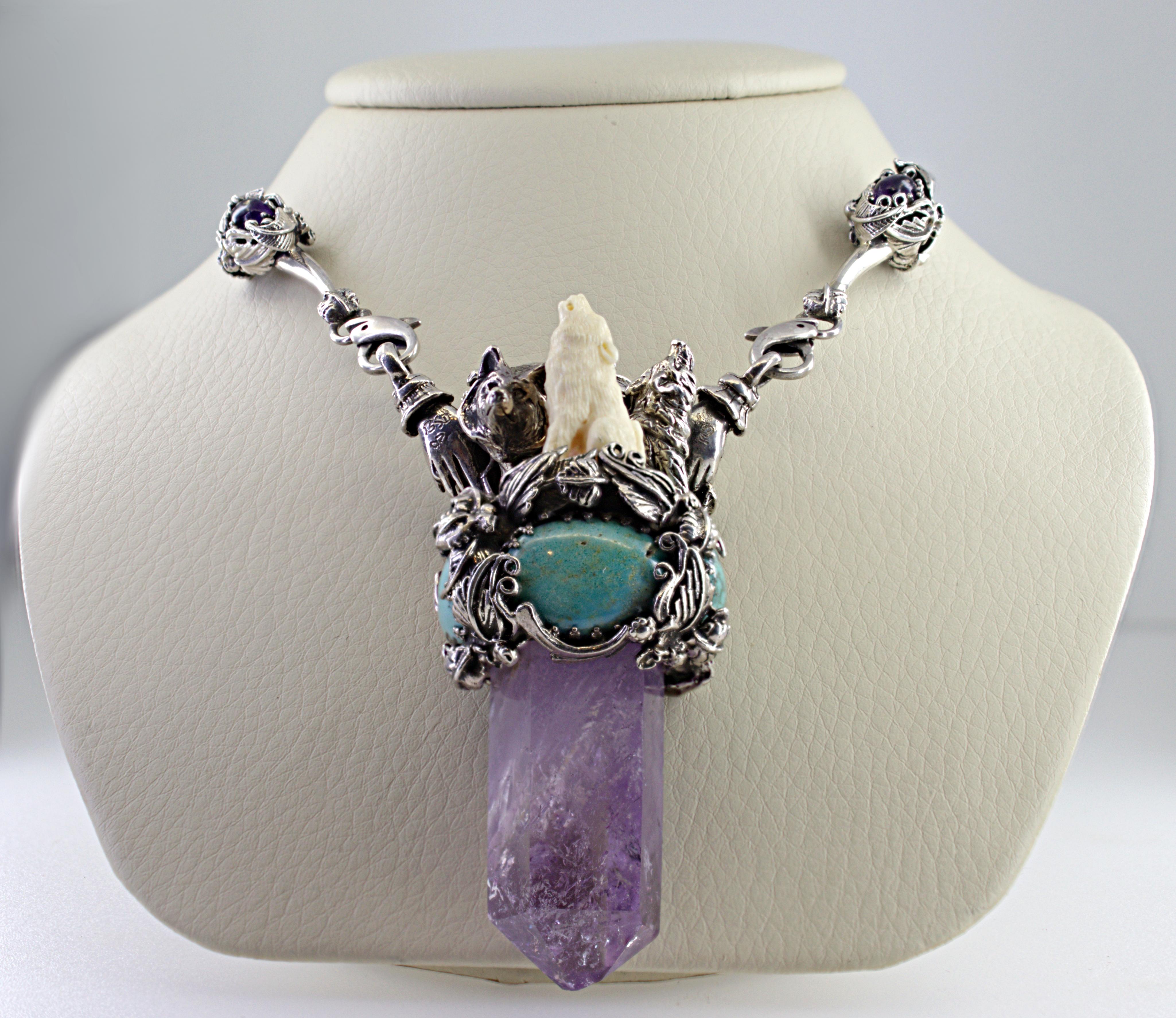 Bob Stringer Amethyst, Turquoise, Sterling Silver, Silver Reversable Necklace In Good Condition For Sale In Pleasant Hill, CA