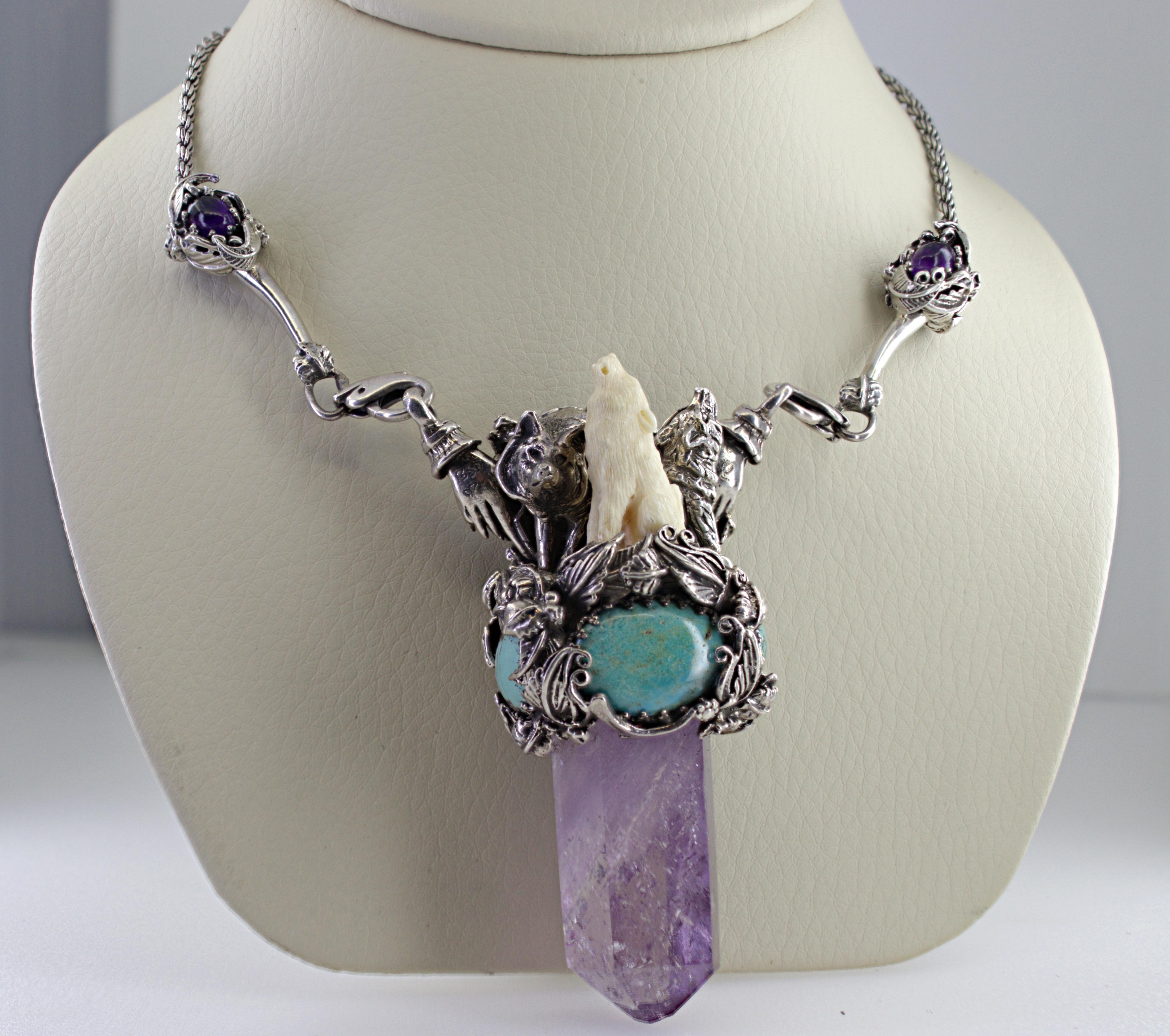 Women's or Men's Bob Stringer Amethyst, Turquoise, Sterling Silver, Silver Reversable Necklace For Sale