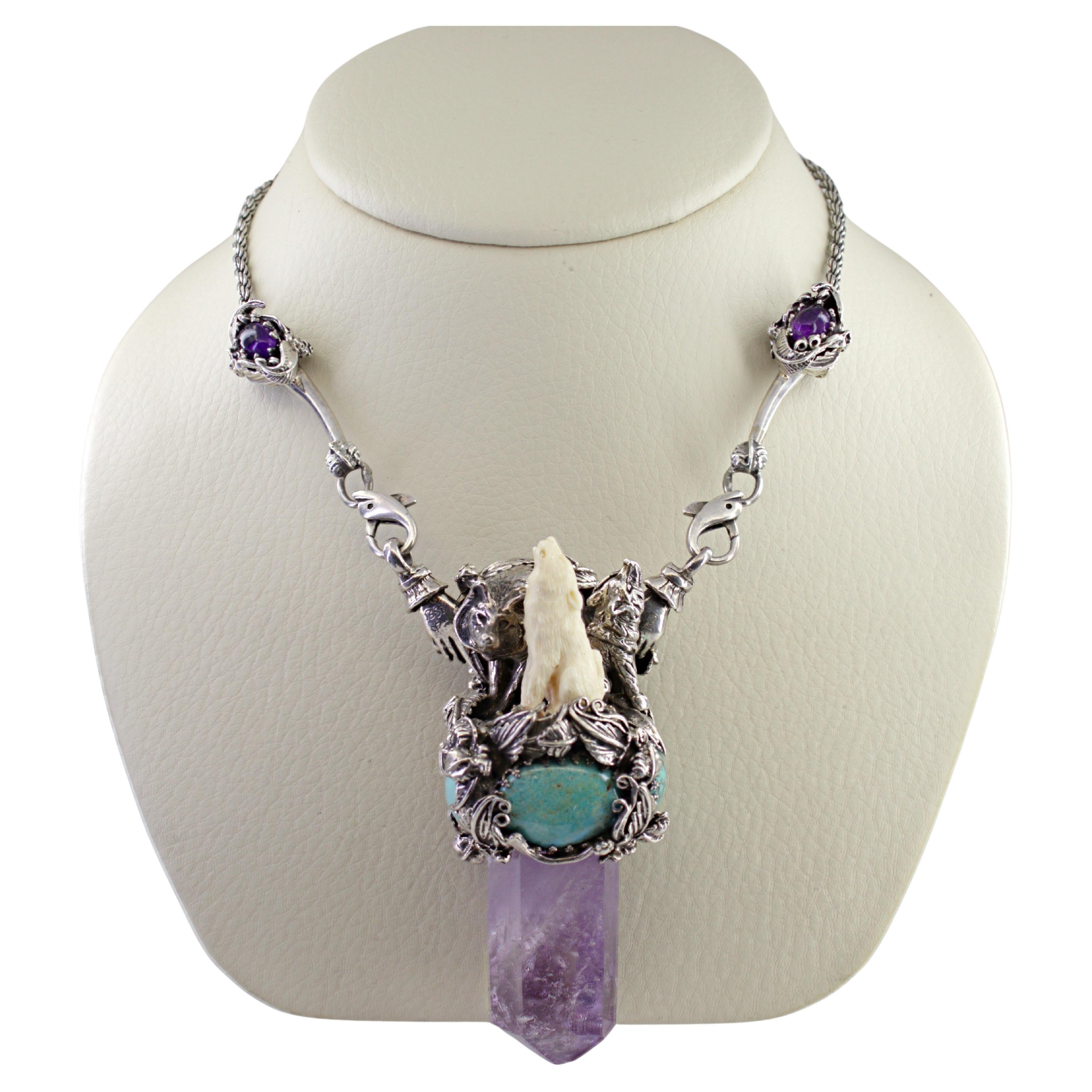 Bob Stringer Amethyst, Turquoise, Sterling Silver, Silver Reversable Necklace For Sale