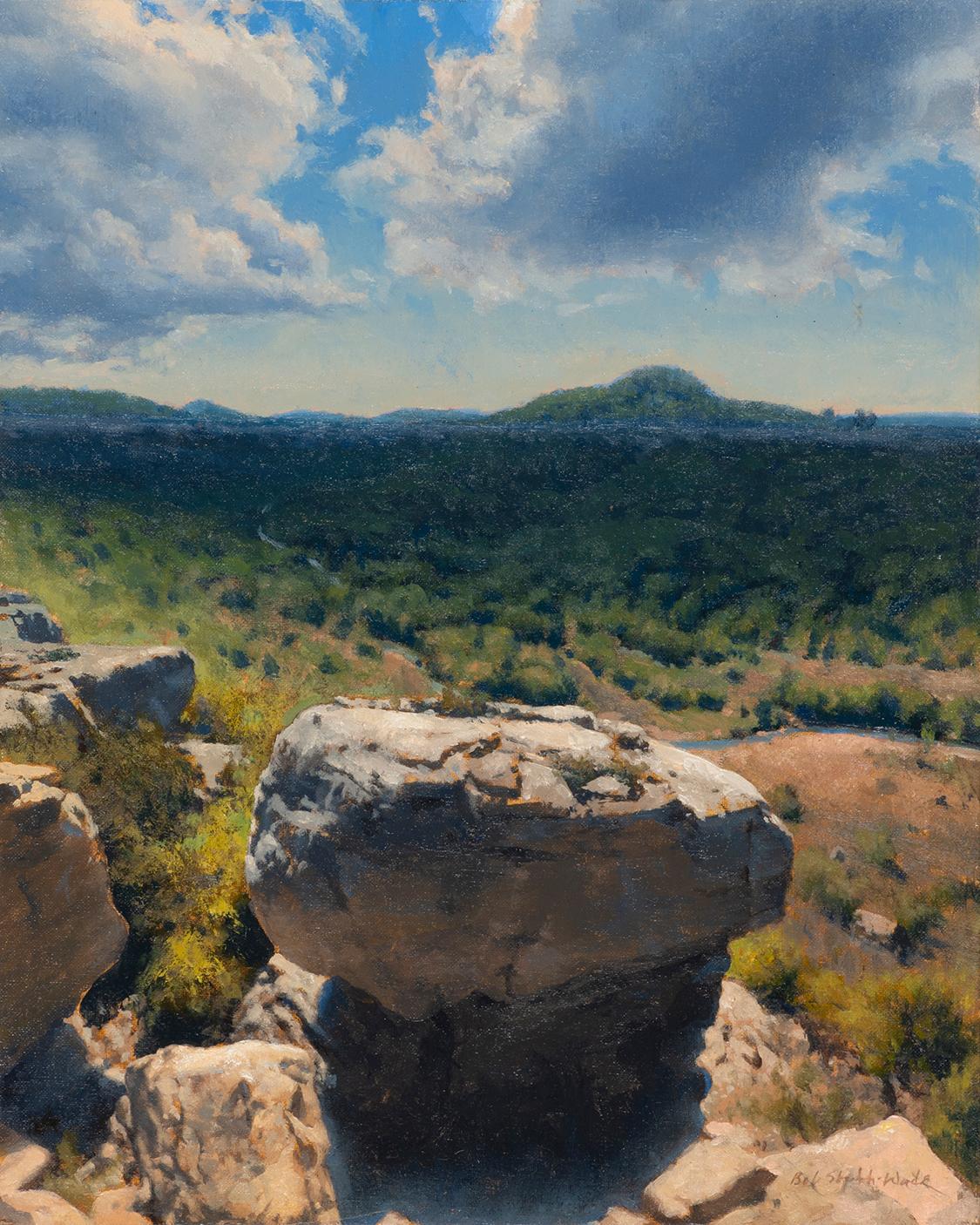 Bob Stuth-Wade Landscape Painting – Sam Bass Canyon, Ranch-Set