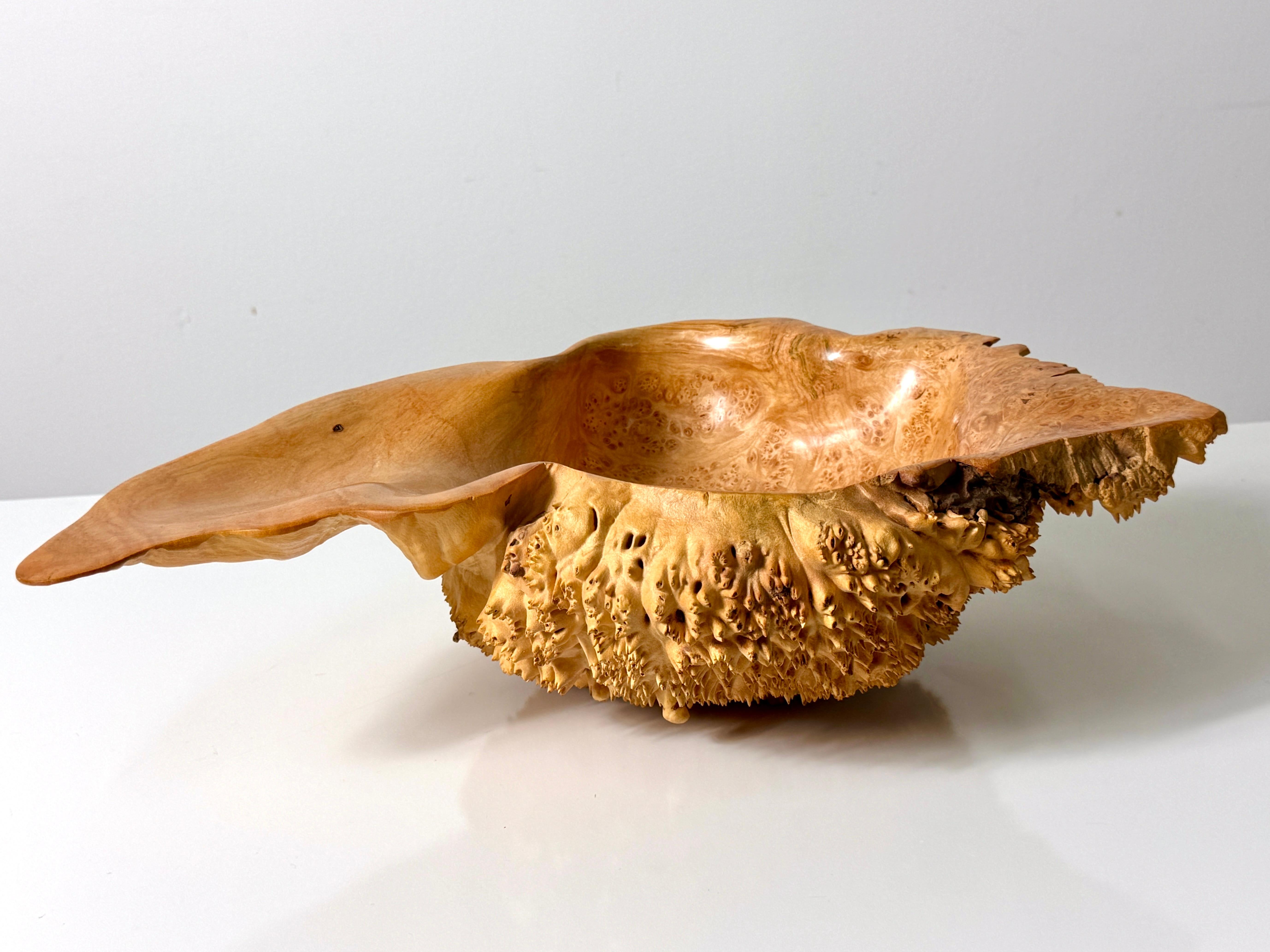 Large organic centerpiece bowl by American craftsman Bob Womack circa 1990s

Maple burl free-form design with live edge underside and polished interior 
Signed to underside

16 inch width
11.5 inch depth
4.5 inch height