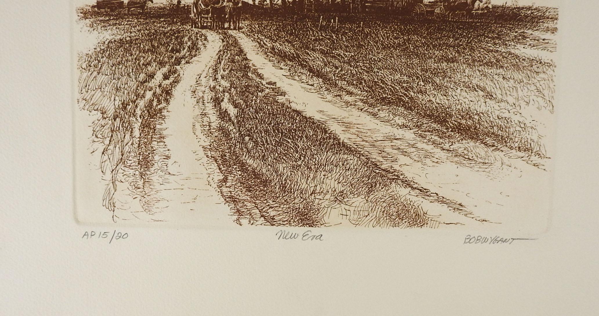 Etching of early Texas oil field with horses and wagons on cream heavy paper by Bob Wygant (1927-2008) Texas. Signed, titled New Era, numbered 15/20 AP. Unframed, image size 10