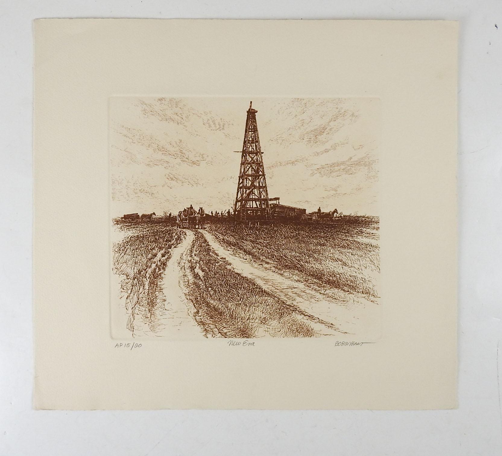 Rustic Bob Wygant Etching Oil Well Drilling Texas For Sale
