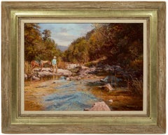 "LOOKING FOR STRAYS" WESTERN FRAMED 26X32  Cowboy Horse creek and more