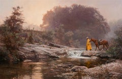 "PALE MORNING MIST"  WESTERN, YELLOW SLICKER COWBOY CROSSING CREEK WITH HORSE