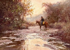 "STILL MORNING" COWBOY ON CREEK FRAMED 18X22