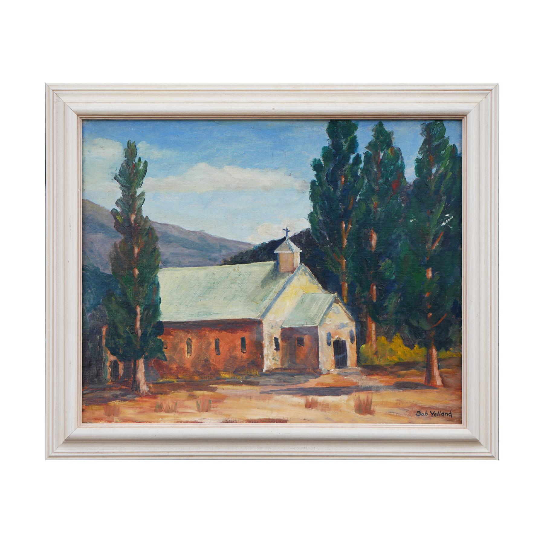 Blue, Green, and Brown Abstract Chapel on a Desert Landscape Painting For Sale 1