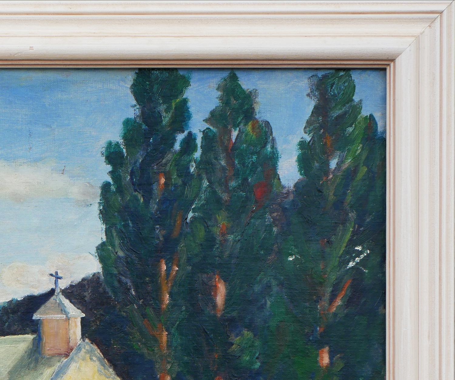 Peinture de chapelle abstraite bleue, verte et brune sur un paysage du désert - Impressionnisme abstrait Painting par Bob Yelland